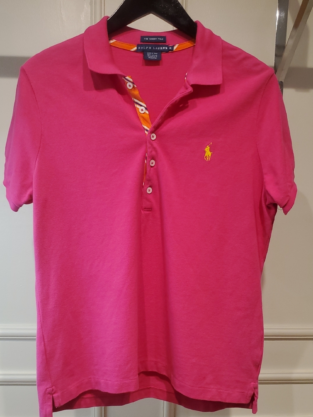 Ralph Lauren Hot Pink Polo with Yelllow Polo Player 5 Button Womans  XL